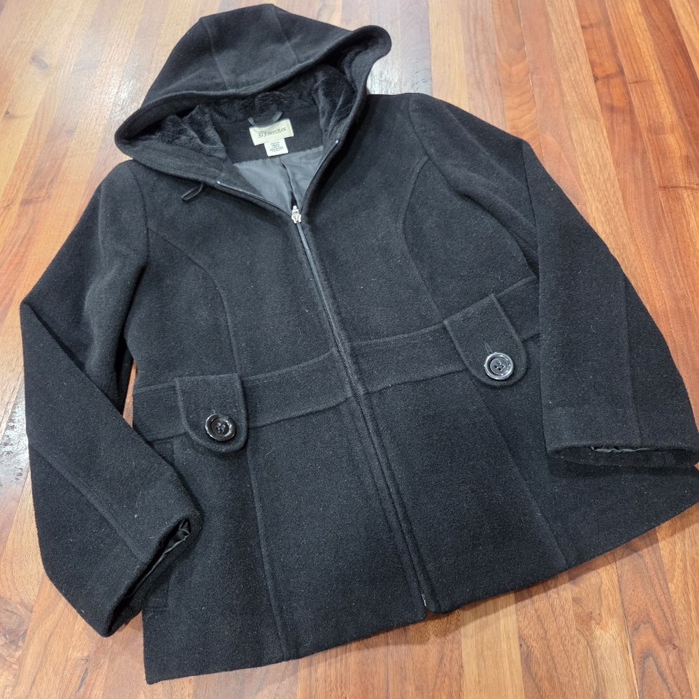 Wool Cashmere Blend Zip Front Hooded Pea Coat St. Johns Bay Petite Small